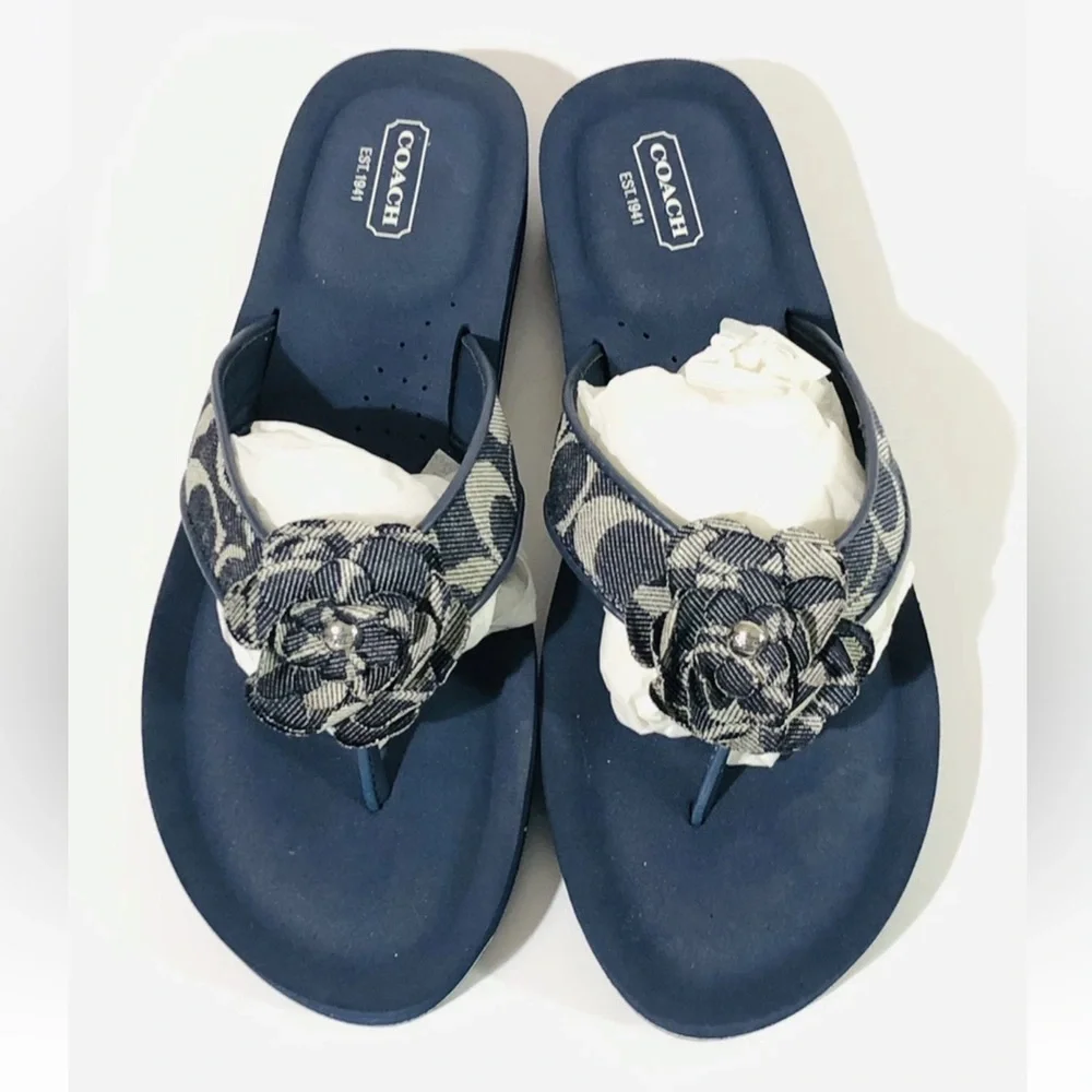 Coach Jillian Sig C Blue Denim Flower Logo Women's Flip Flops Sandals